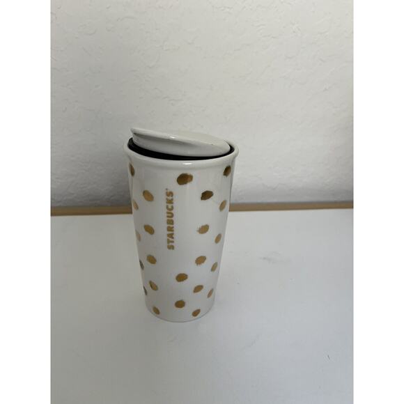 Starbucks Ceramic 2014 Gold Polka Dot Collection Travel Mug Tumbler w Lid 10 oz - Picture 12 of 12
